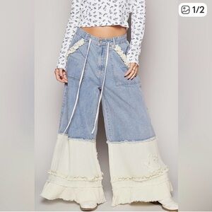 POL Women's Blue and Cream Wide-Leg Jeans